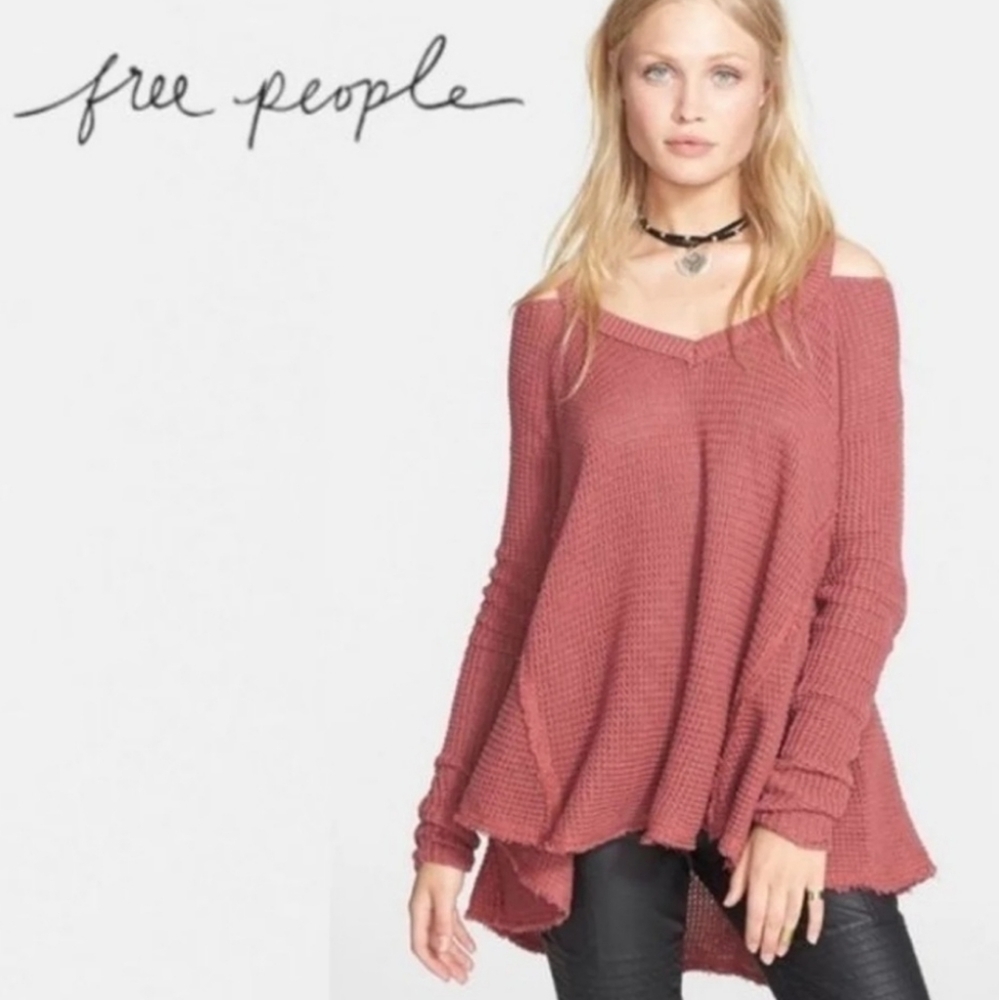 Free People Moonshine  Cold Shoulder V Neck Waffle Weave Thermal Tunic Pink XS - Picture 3 of 8